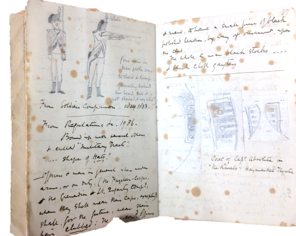 A notebook with two images of a trumpet man and some writing below it