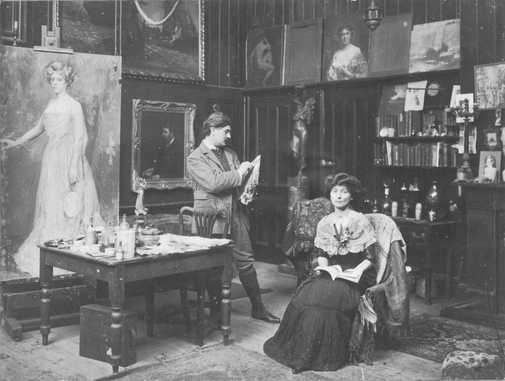 A photograph of Gribble and his wife Nellie in his studio - from Poole History Centre