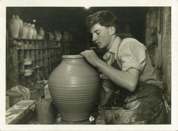 Richard Batterham aged 17 making a pot at Bryanston School, 1954. Image courtesy of Richard Batterham Estate.